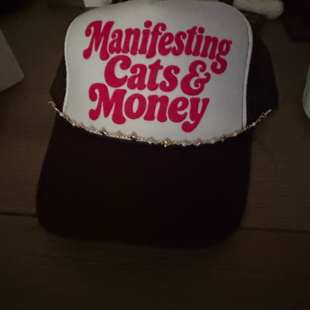 Manifesting Cats & Money Trucker Hat - Black and White with Pink Text